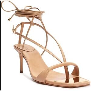 New Schutz Vikki Tan Leather Lace Up High Heel Square Toe Sandals Womens Size 8B